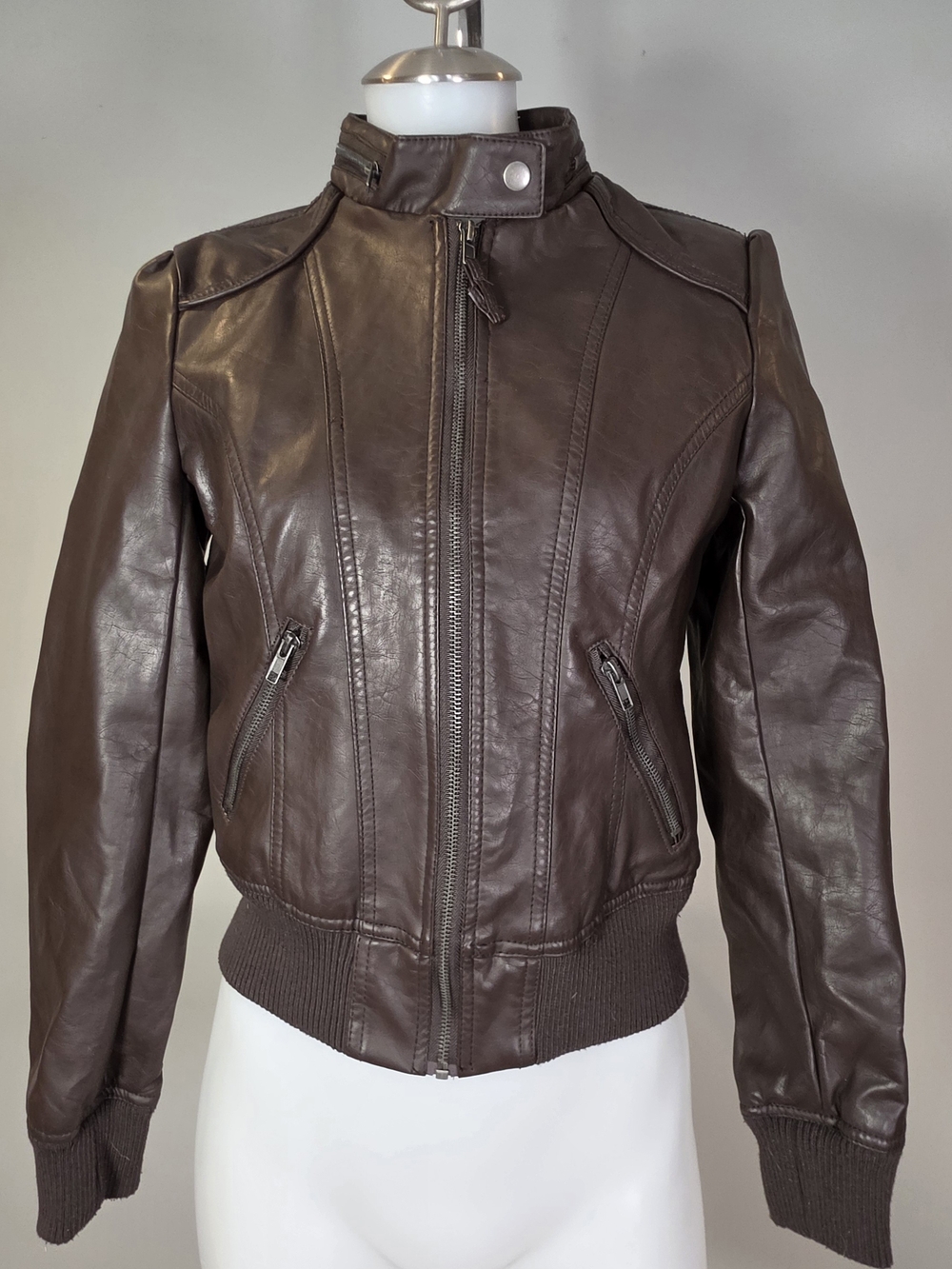 DEB Y2K Brown Faux Leather Bomber Moto Jacket Size S VINTAGE